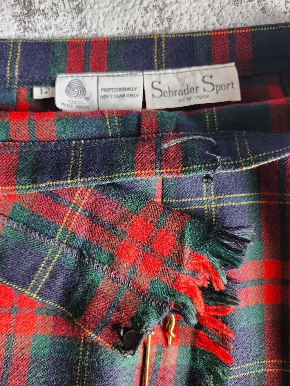 Vintage Wool Kilt Schrader Sport New York Red Green Tartan Skirt ILGWU Union